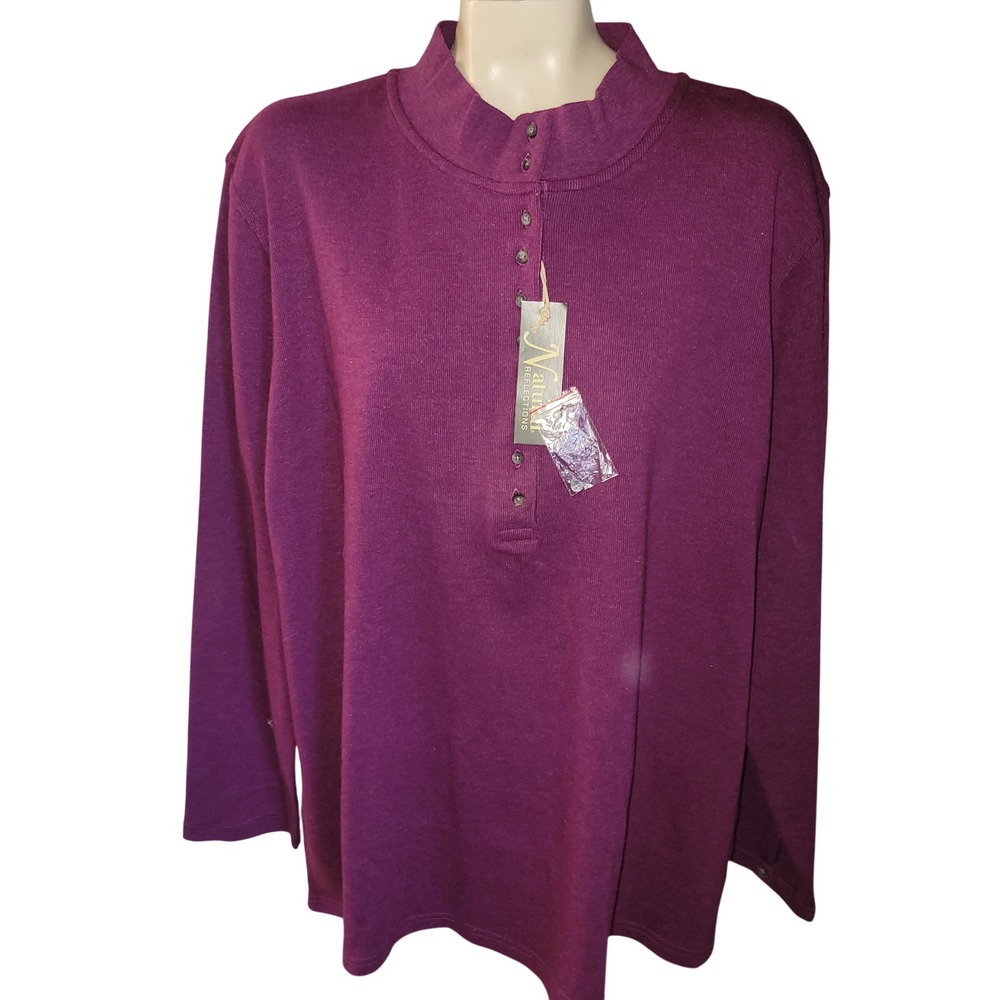 Natural Reflections NEW Womens Dark Purple 2X Button Neck Long Sleeve Top casual